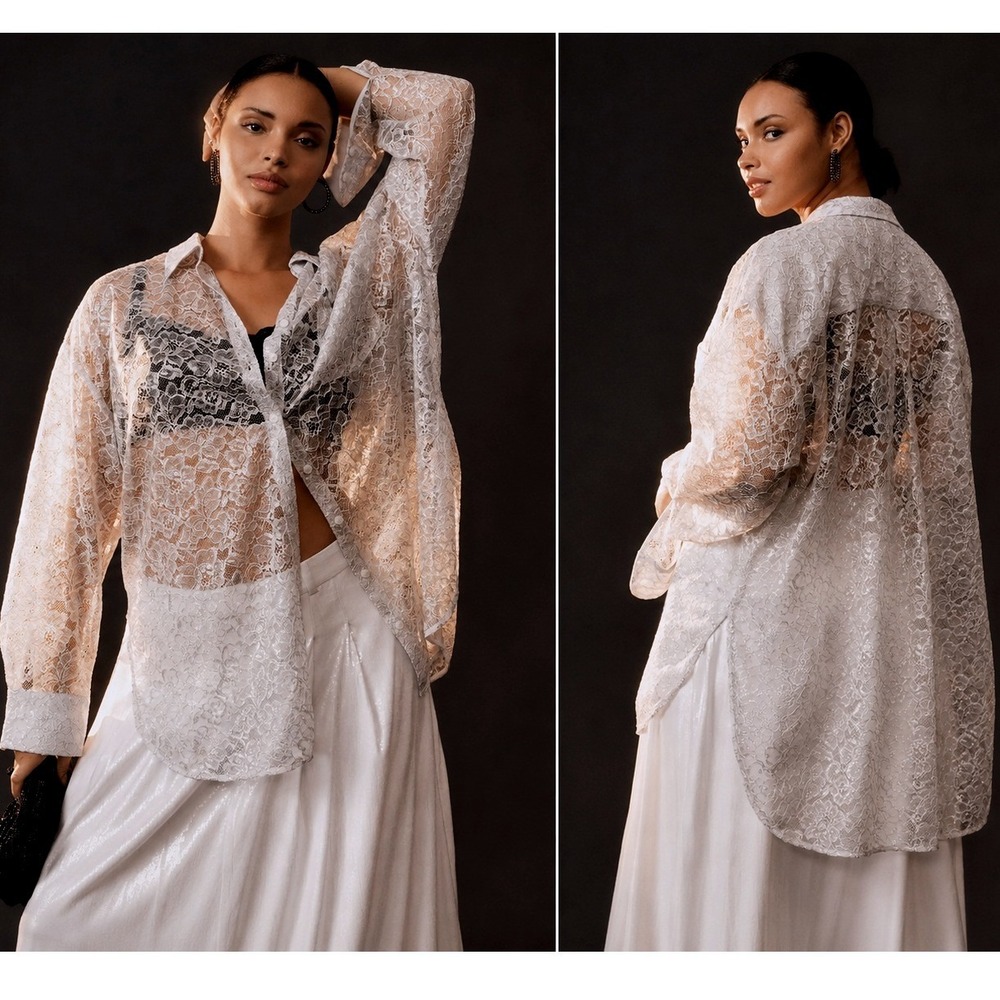 NWOT Anthropologie Metallic Sheer Lace Button Down Shirt 3X‎ Stevie Nicks Boho